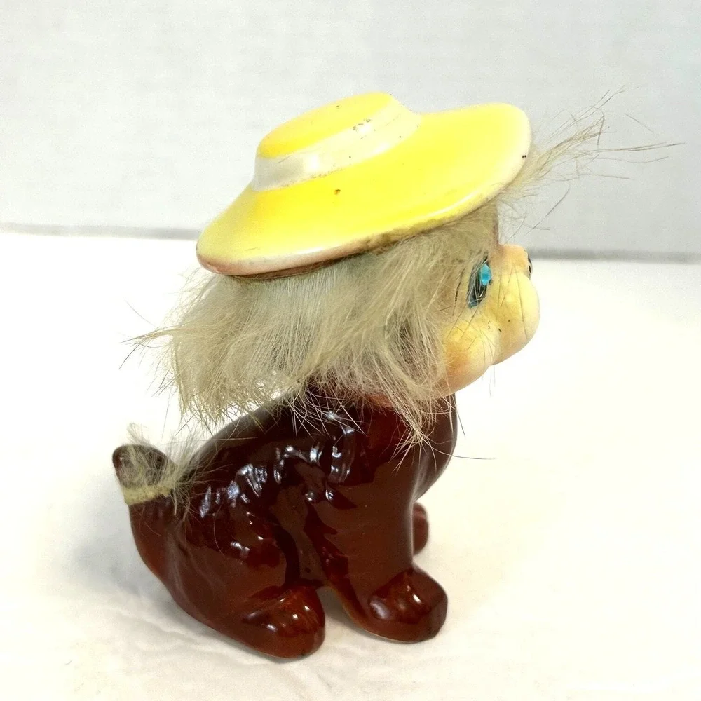 Vintage Kriess Ceramic Puppy Dog With Yellow Hat and‎ Real Fur